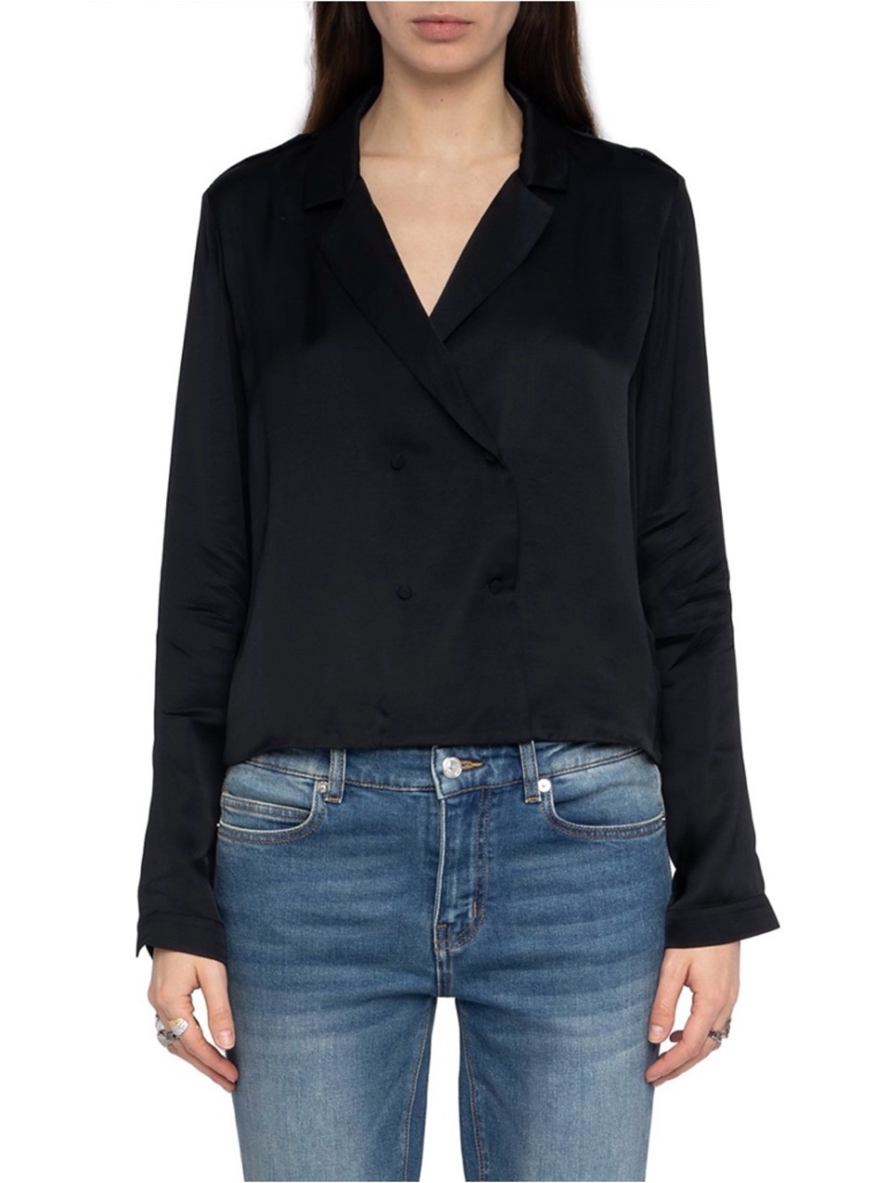 Zadig & Voltaire Black Satin-Feel Double-Breasted Blazer - Picture 2 of 5